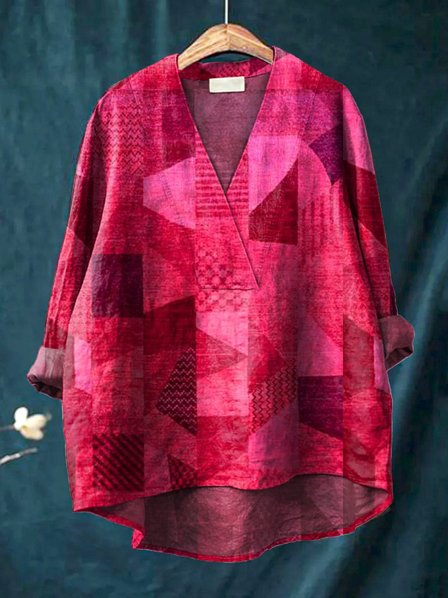 Women's Shirt with Long Sleeves – Relaxed Fit – V-neck – Breathable Fabric – Digital Pattern