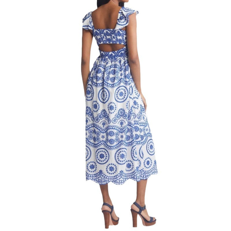 Dress woman midi – cotton – relaxed fit – ruffle sleeves – square neckline