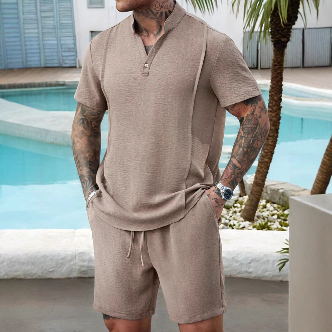Men's Set with Henley Shirt and Shorts – Breathable Cotton – Relaxed Fit – Casual