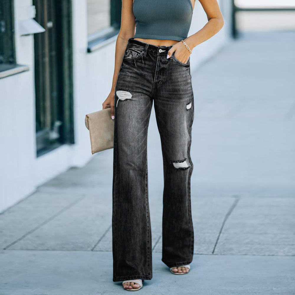 Women's Jeans – High Waist – Relaxed Fit – Wide Legs – Distressed Denim – Full Length