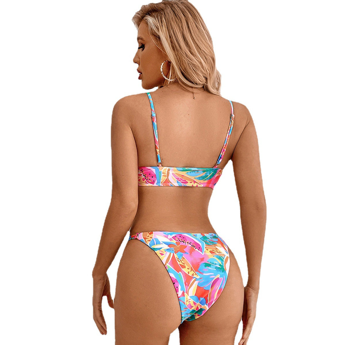 Women's Bikini Set – Adjustable Triangle Top – High-Cut Bottom – Tropical Pattern