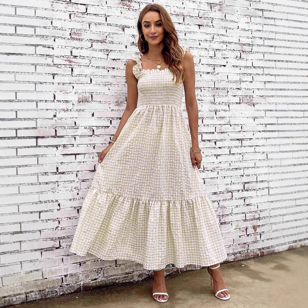Women's Maxi Dress – Smocked Bodice – Spaghetti Straps – Ruffled Skirt – Checkered Pattern