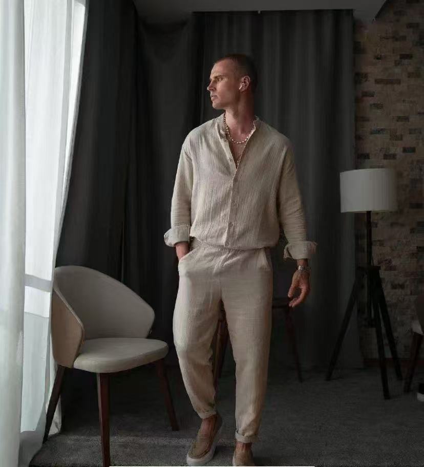 Men's Set – Linen Blend – Relaxed Fit – Button-Up Shirt and Slim Pants