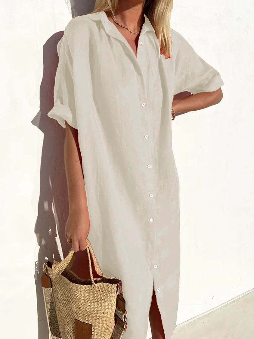 Women's Shirt Dress – Cotton Linen Blend – Relaxed Fit – Knee Length – Short Sleeved