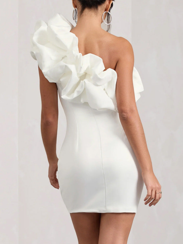 Dress woman – Mini – Slim fit – One shoulder – Elegant ruffle detail