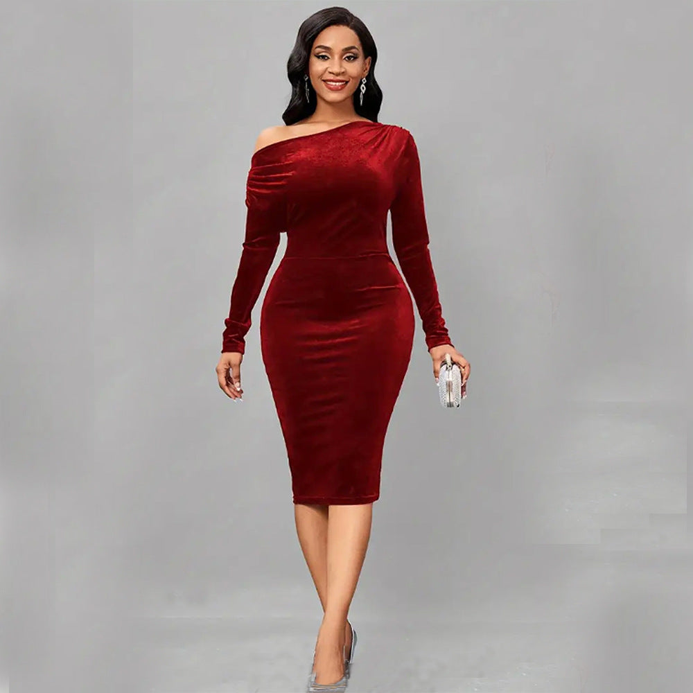 Dress for Women – Wrap Design – Velvet Texture – Asymmetric Neckline – Slim Fit