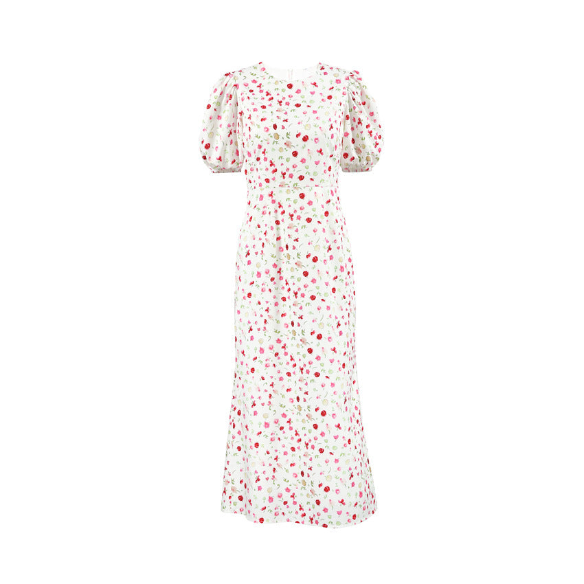 Dress woman – Slim fit – Puff sleeves – High waist – Floral midi with mermaid cut