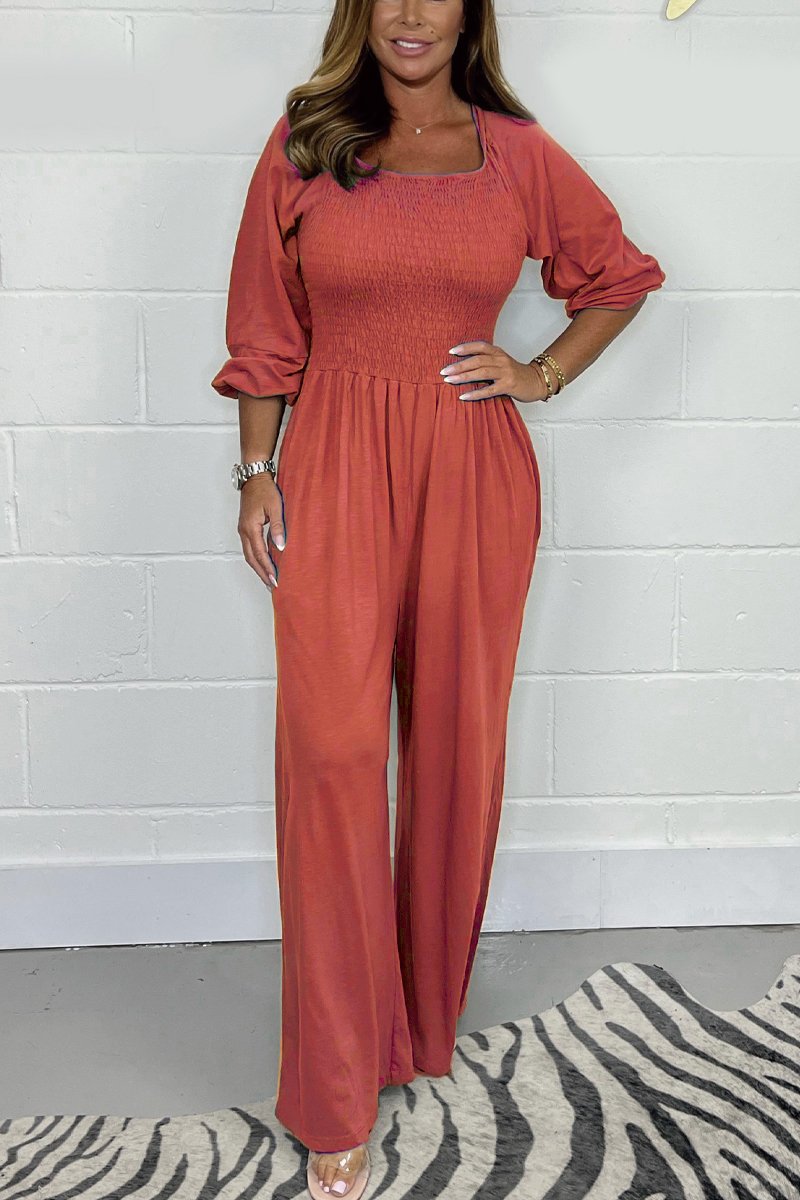 Women's jumpsuit – smocked bodice – cotton blend – wide legs – 3/4 sleeve – square neckline