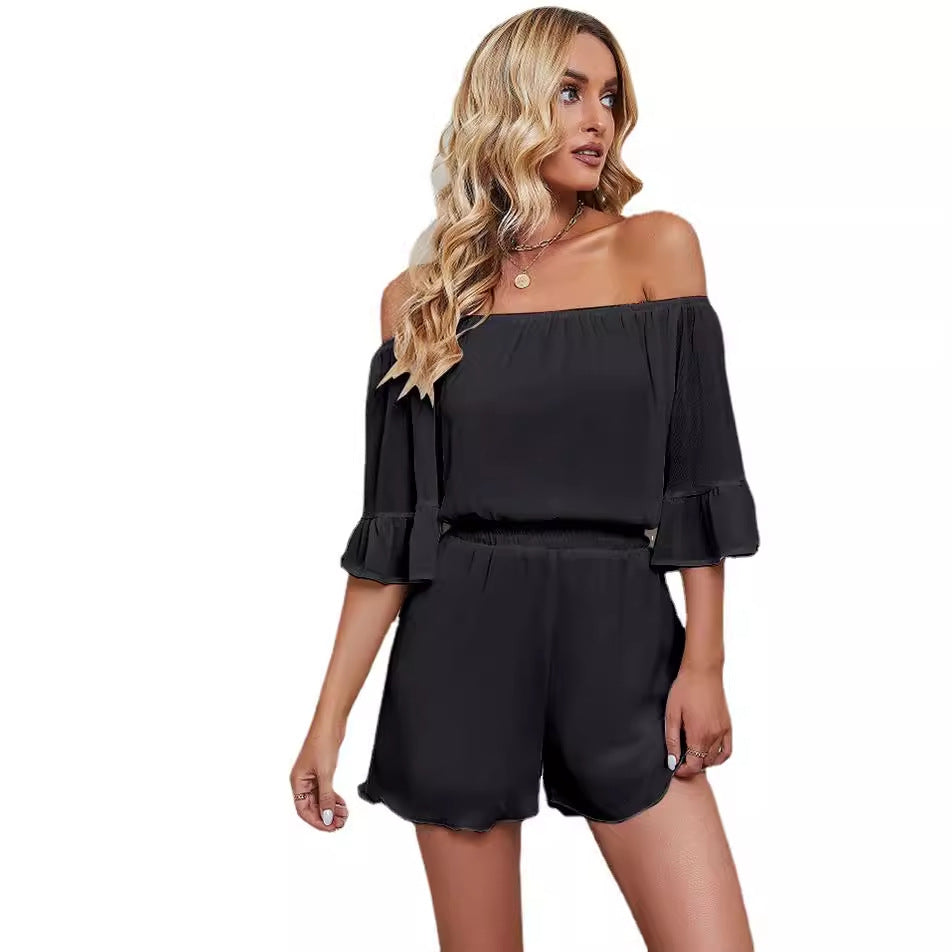 Women's Jumpsuit – Chiffon – Off Shoulder – Wide Sleeves – Elastic Waist – Short Length