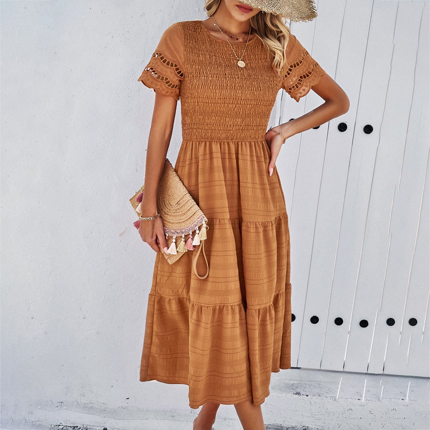 Dress for Women – Midi Length – Smocked Bodice – Tiered Skirt – Short Sleeves with Cutout