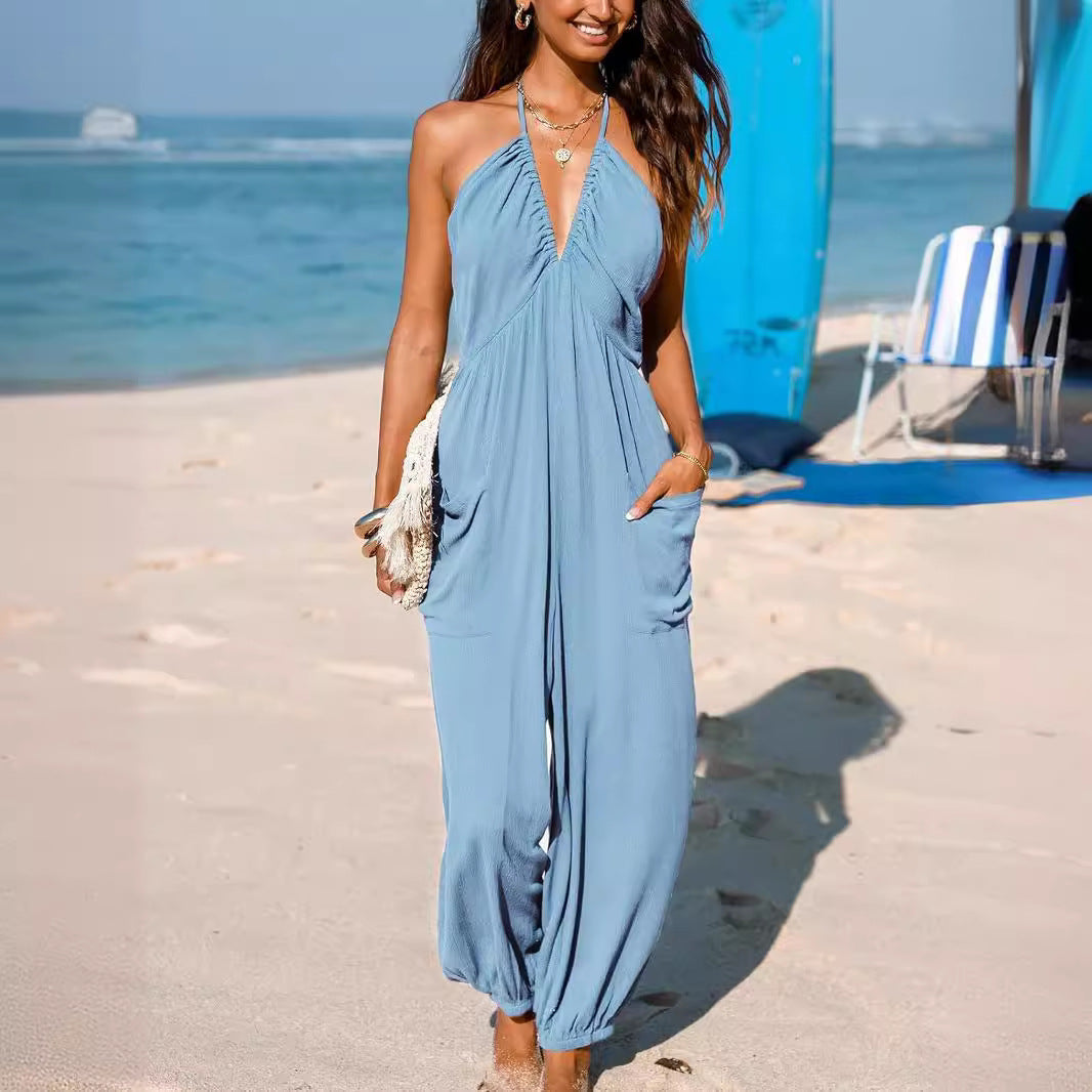 Women's Jumpsuit – Halterneck – Deep V-neck – Relaxed Fit – Tapered Legs – Pockets