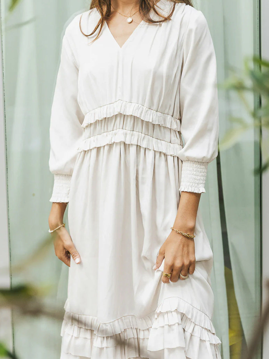 Dress woman midi – V-neck – Long sleeves – Loose fit – Cotton blend