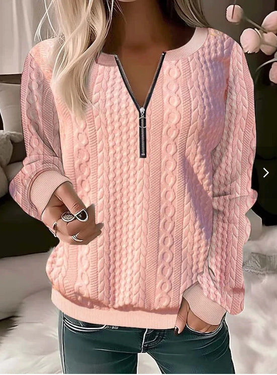 Women's Sweater – Wool Blend – Relaxed Fit – Cable Knit – Zipper Neck