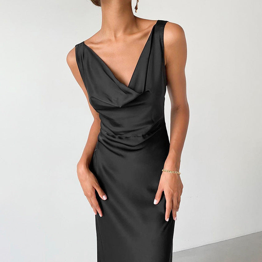 Dress woman – Satin – Slim fit – Draped neckline – Spaghetti straps – Floor-length