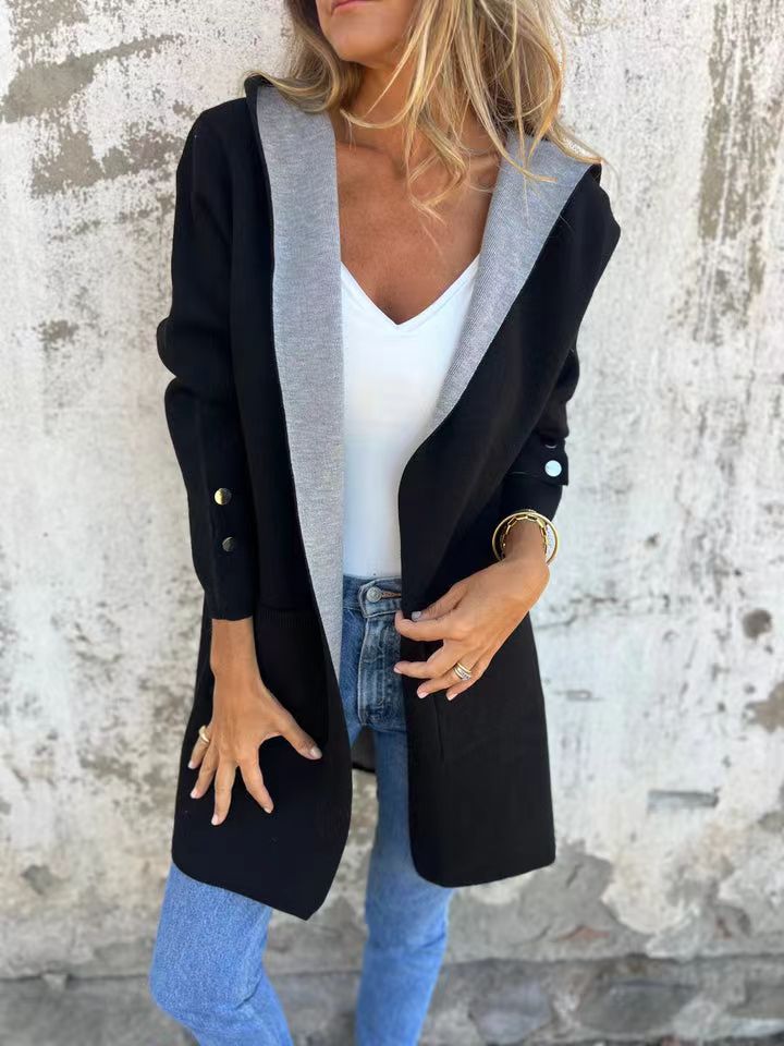 Women's Cardigan with Hood – Soft Knit – Relaxed Fit – Contrast Trim – Pockets