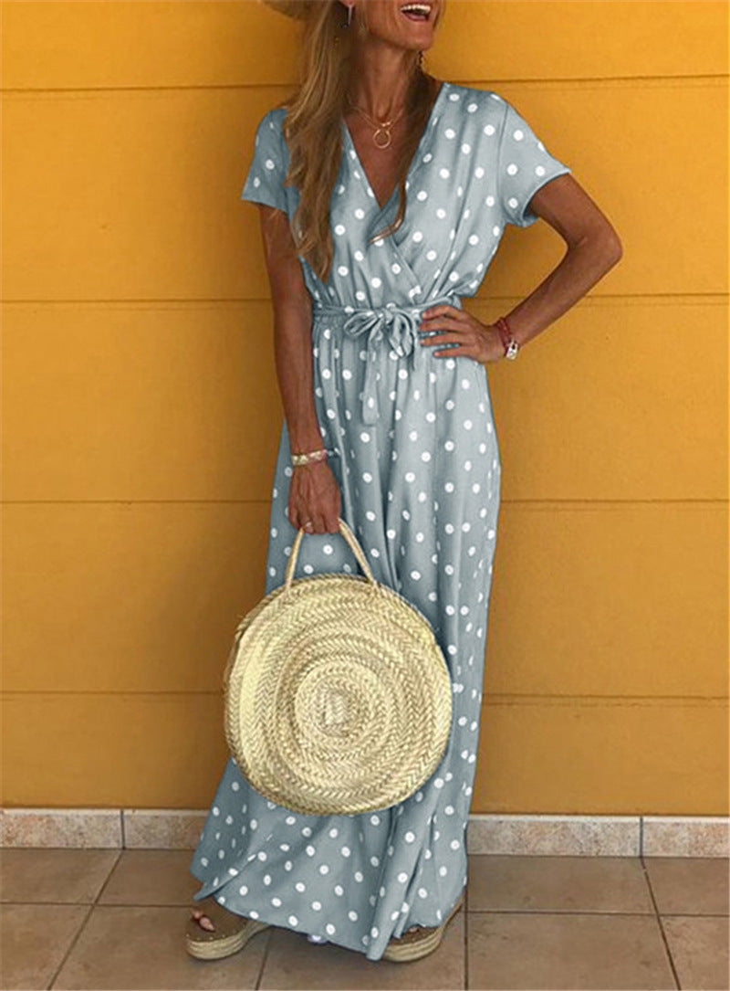 Women's Wrap Dress - Maxi Length - V-Neck - Tie Belt - Polka Dots - Short Sleeves