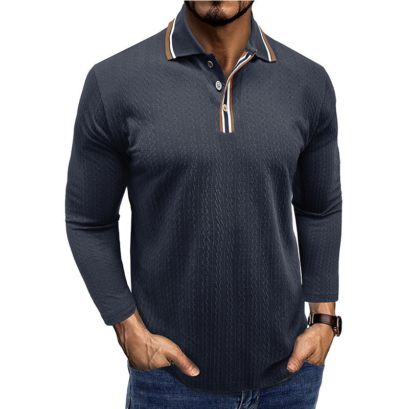 Men's Polo Shirt – Tailored Fit – Long Sleeve – Striped Collar – Knitted Texture