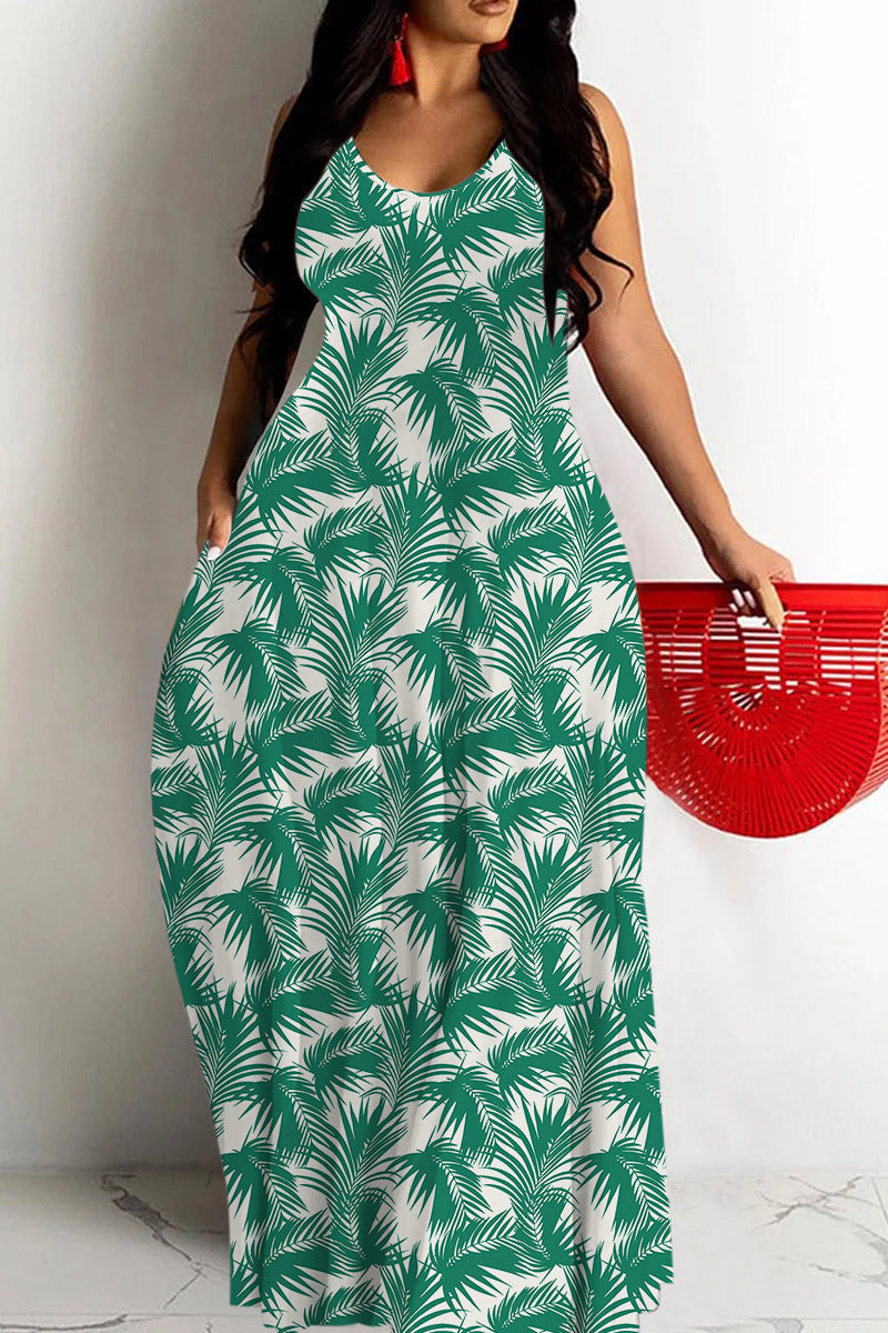 Women's Maxi Dress – Deep V-neck – Spaghetti Straps – Loose Fit – Abstract Pattern