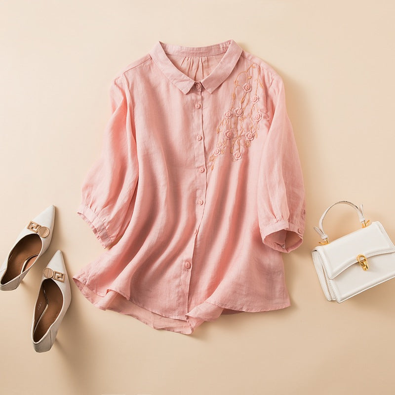 Women's Shirt – Natural Fibers – Relaxed Fit – Embroidered – Mid-Length Sleeves