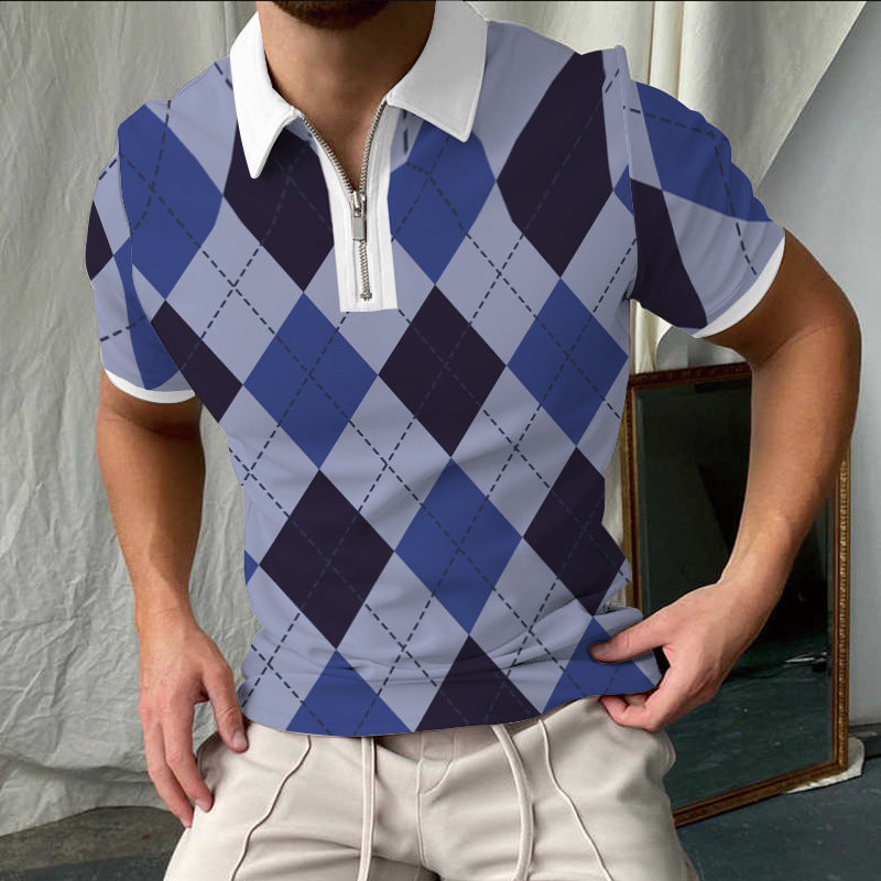 Men's Polo Shirt – Slim Fit – Check Pattern – Short Sleeve – Zipper Collar