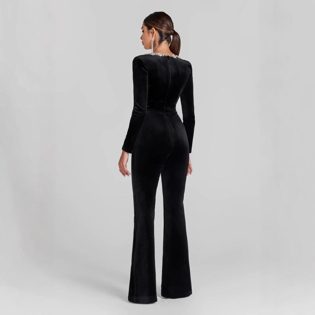 Women's Jumpsuit – Slim Fit – Velvet – Flared Legs – Embellished Neckline – Long Sleeves