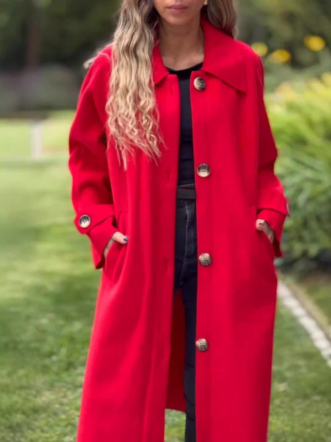 Women's Long Coat – Wool Blend – Relaxed Fit – Button Front and Collar