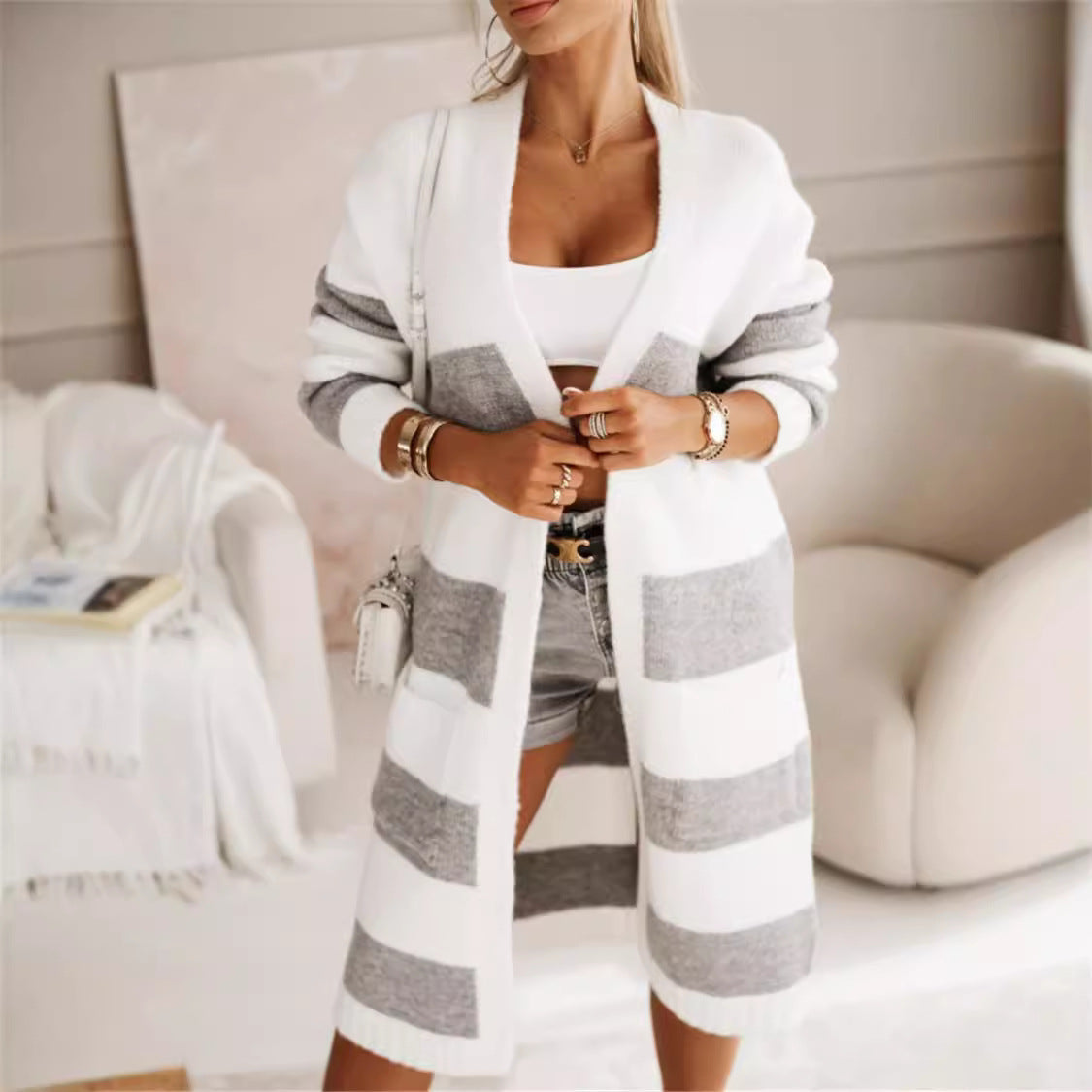 Women's Cardigan – Oversized Fit – Knitted Wool Blend – Open Front – Striped Pattern