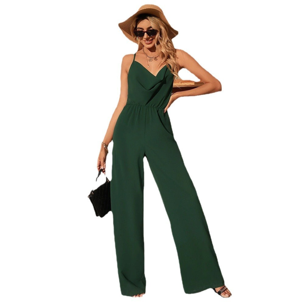 Dame Jumpsuit – Ermeløs V-hals – Elastisk Midje – Vide Bein Elegant Passform