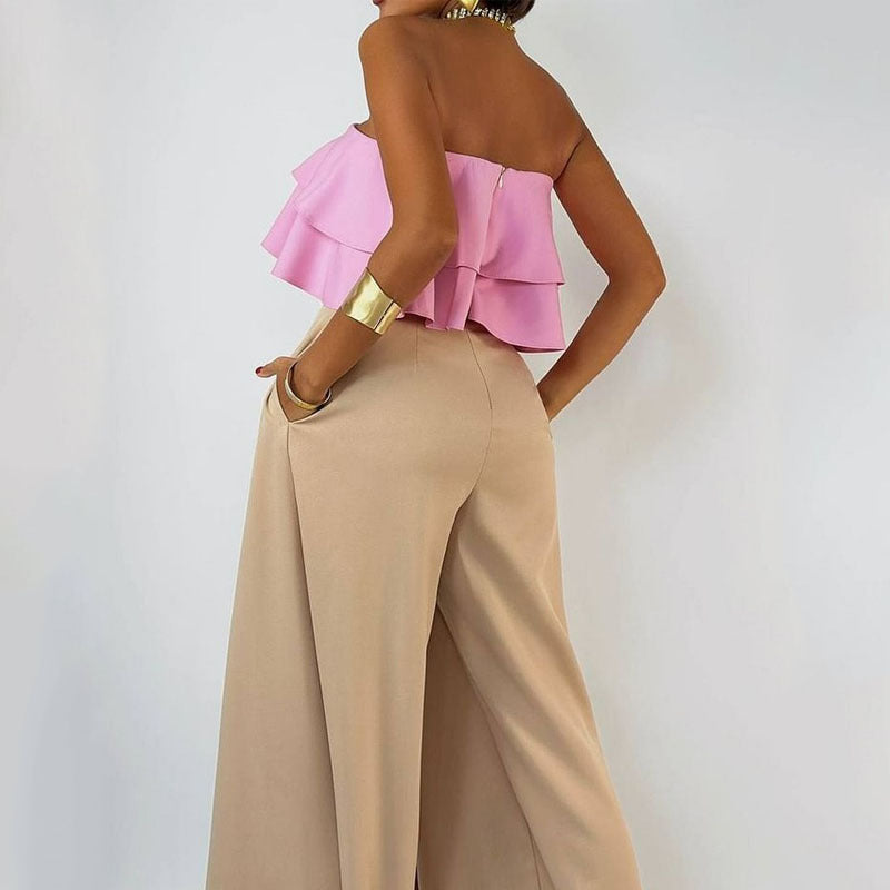 Women's Jumpsuit – Strapless – Ruffled Top – Wide Legs – Asymmetric Draping