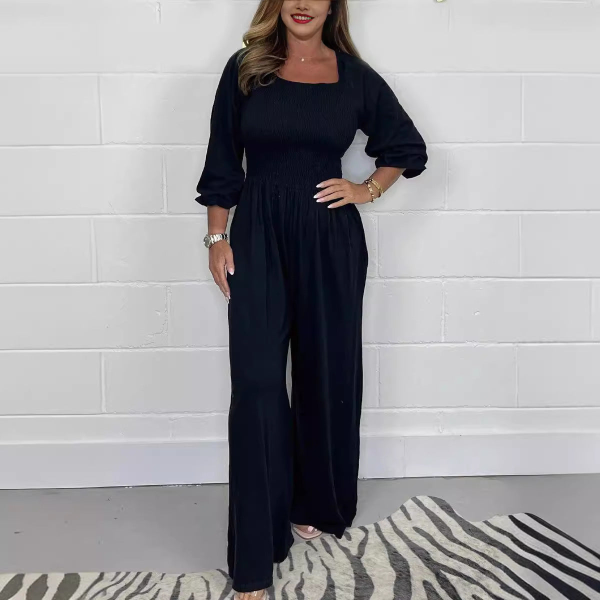 Women's jumpsuit – smocked bodice – cotton blend – wide legs – 3/4 sleeve – square neckline