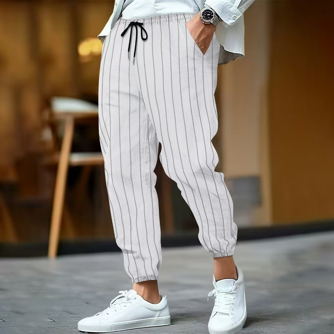 Men's Trousers – Relaxed Fit – Elastic Waistband with Drawstring – Tapered Legs – Cotton Blend