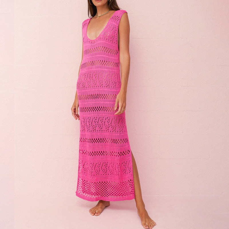 Women's Knitted Dress – Sleeveless Slim Fit – Open Knit – Side Slit