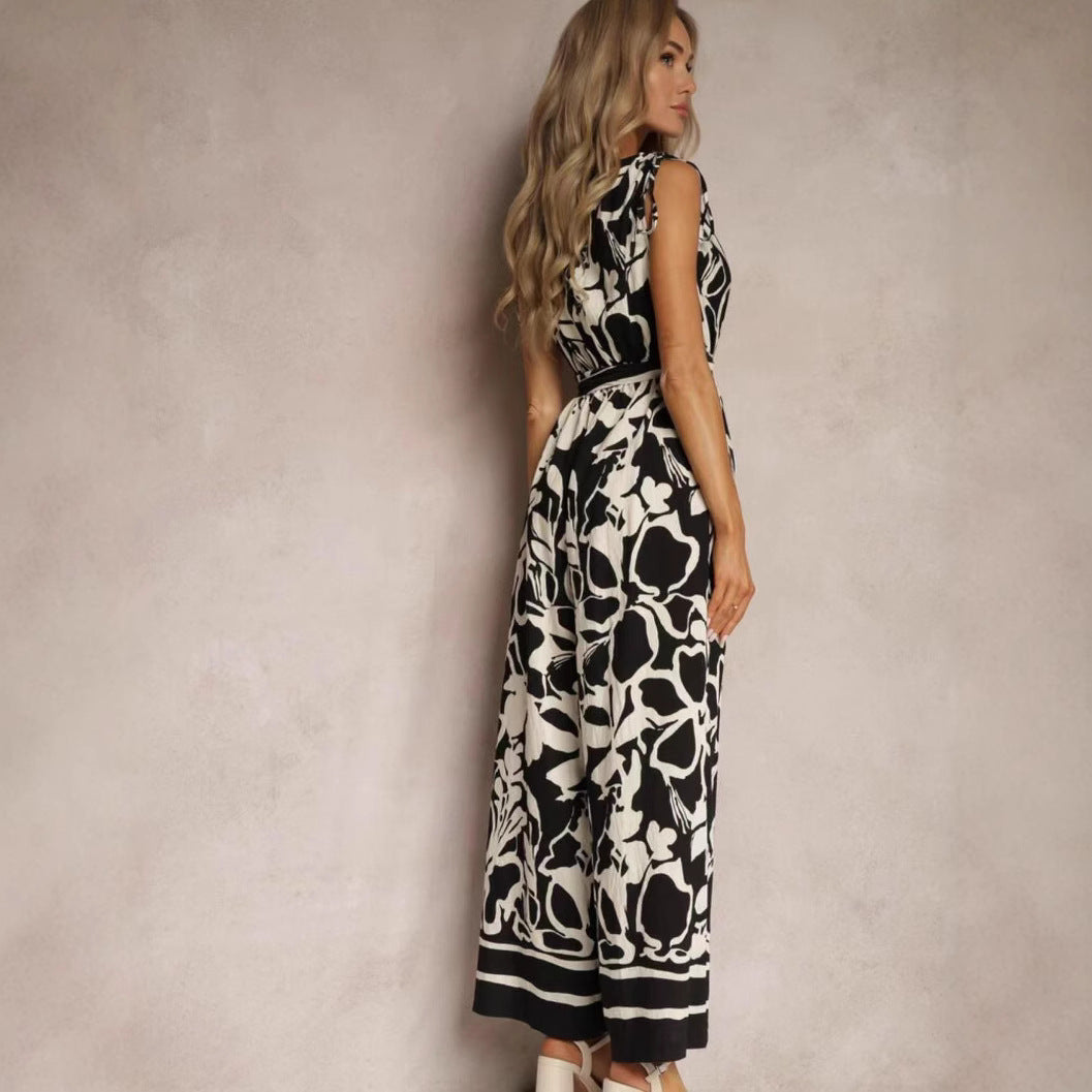 Women's jumpsuit – relaxed fit – sleeveless V-neck – tie belt – all-over print