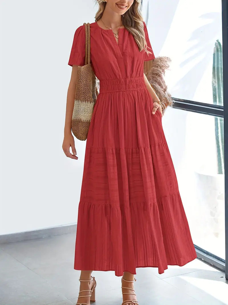 Women's Maxi Dress – V-Neck – Puff Sleeves – Light A-Line – Ruched Waist – Layered Skirt