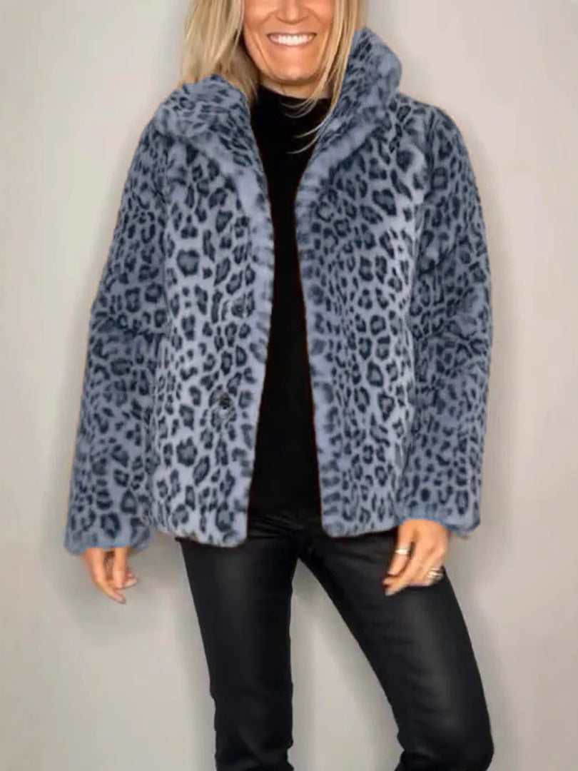 Women's Coat – Faux Fur – Oversized Fit – Animal Print – Open Front – Notch Collar
