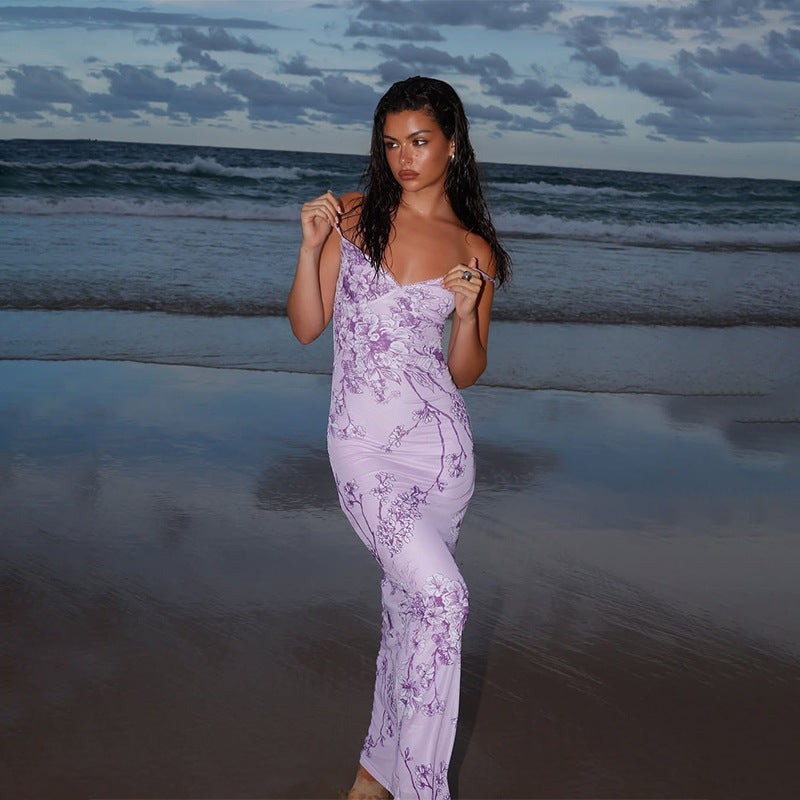 Women's Maxi Dress – Slim Fit – Satin Blend – V-Neck with Spaghetti Straps – Floral Pattern
