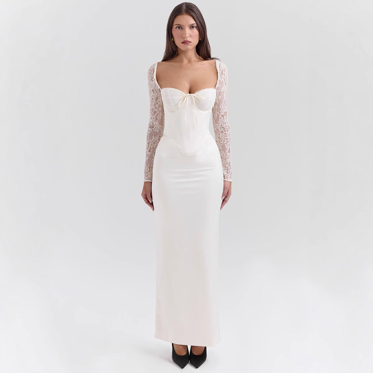 Dress for Women – Satin Bodycon Fit – Lace Sleeves – Heart Neckline