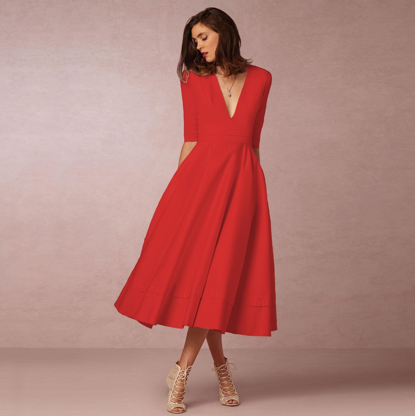 Dress for Women – Satin-like Fabric – Fitted Bodice – A-line – V-neck – Midi – Elbow-length Sleeves
