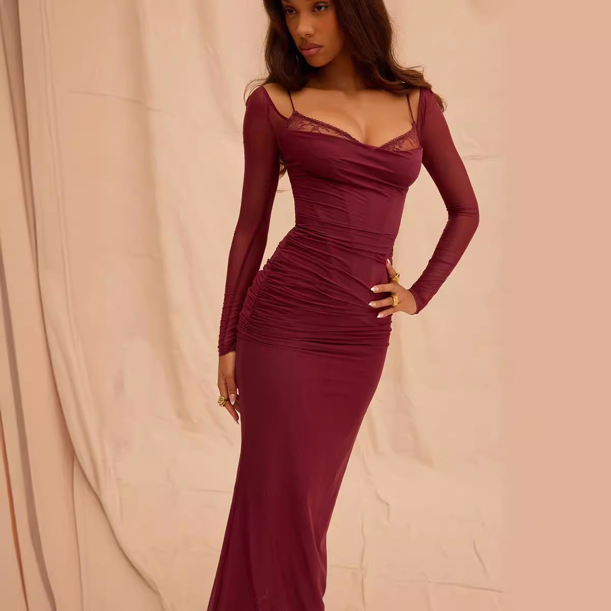 Dress for Women – Tight Fit – Mesh Sleeves – Low Back – Ankle Length – Split Detail