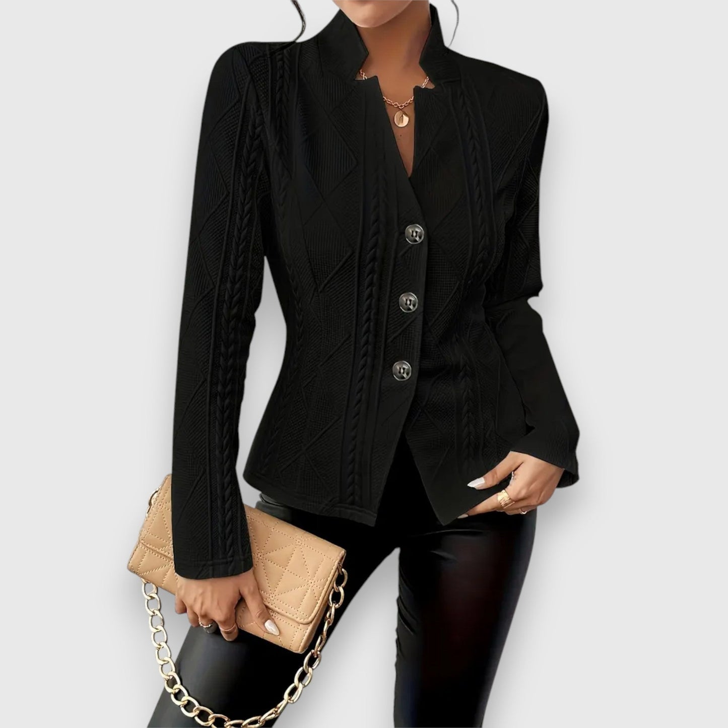 Women's Blazer Jacket – Structured Fit – Soft Knit – Textured – Hip Length – Buttons