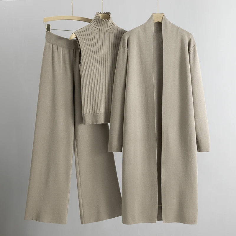 Women 3-Piece Set – Open Long Coat – High Waist Wide Pants – Sleeveless Ribbed Top