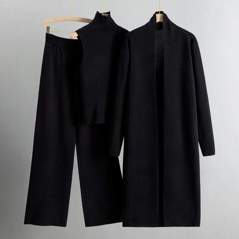 Women 3-Piece Set – Open Long Coat – High Waist Wide Pants – Sleeveless Ribbed Top