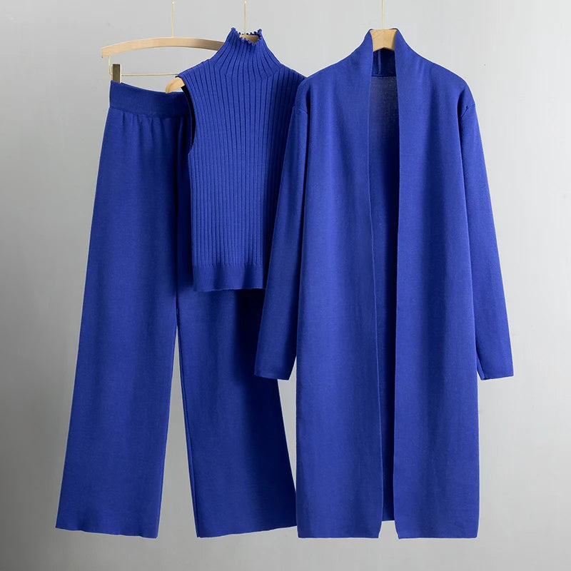 Women 3-Piece Set – Open Long Coat – High Waist Wide Pants – Sleeveless Ribbed Top
