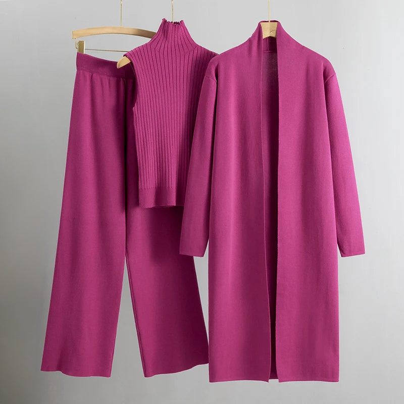 Women 3-Piece Set – Open Long Coat – High Waist Wide Pants – Sleeveless Ribbed Top