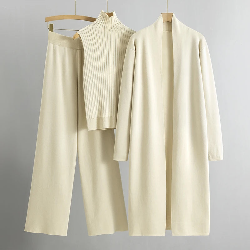 Women 3-Piece Set – Open Long Coat – High Waist Wide Pants – Sleeveless Ribbed Top