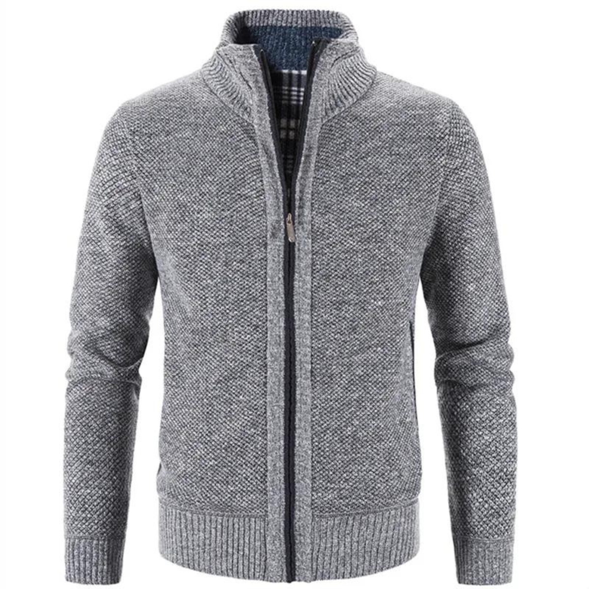 Men's Cardigan – Soft Knit – Structured Fit – Zipper – High Neck – Ribbed Edges