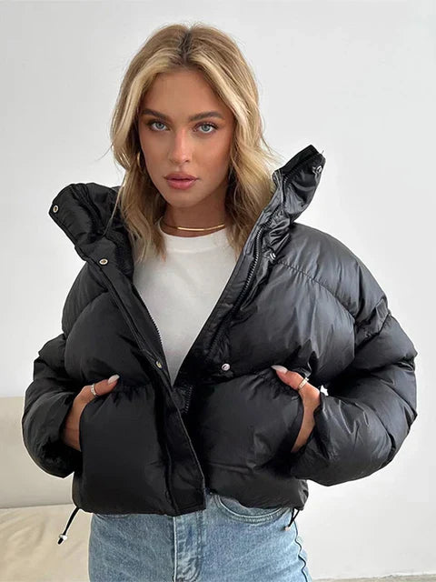 Women's Puffer Jacket - Padded and Short Fit - High Collar - Windproof and Warm