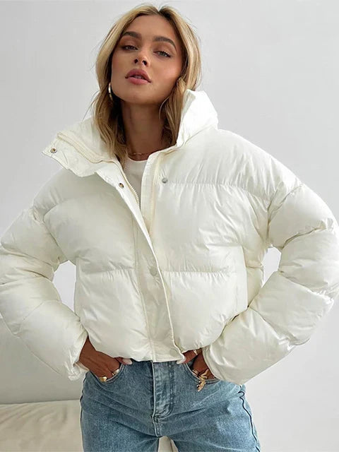 Women's Puffer Jacket - Padded and Short Fit - High Collar - Windproof and Warm