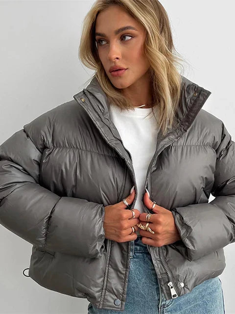 Women's Puffer Jacket - Padded and Short Fit - High Collar - Windproof and Warm