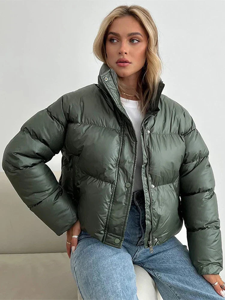Women's Puffer Jacket - Padded and Short Fit - High Collar - Windproof and Warm